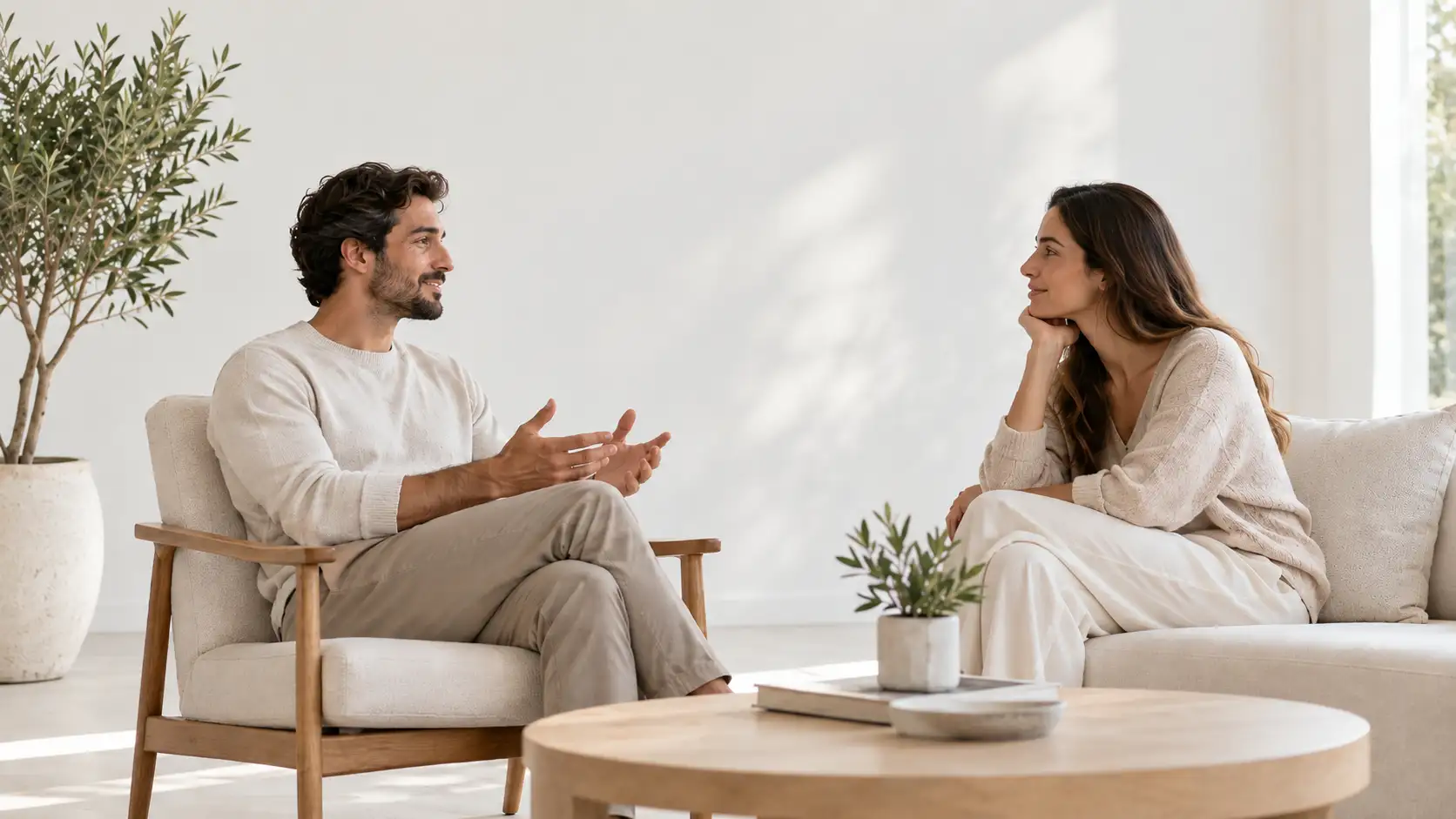Casal conversando com tranquilidade em ambiente minimalista e organizado