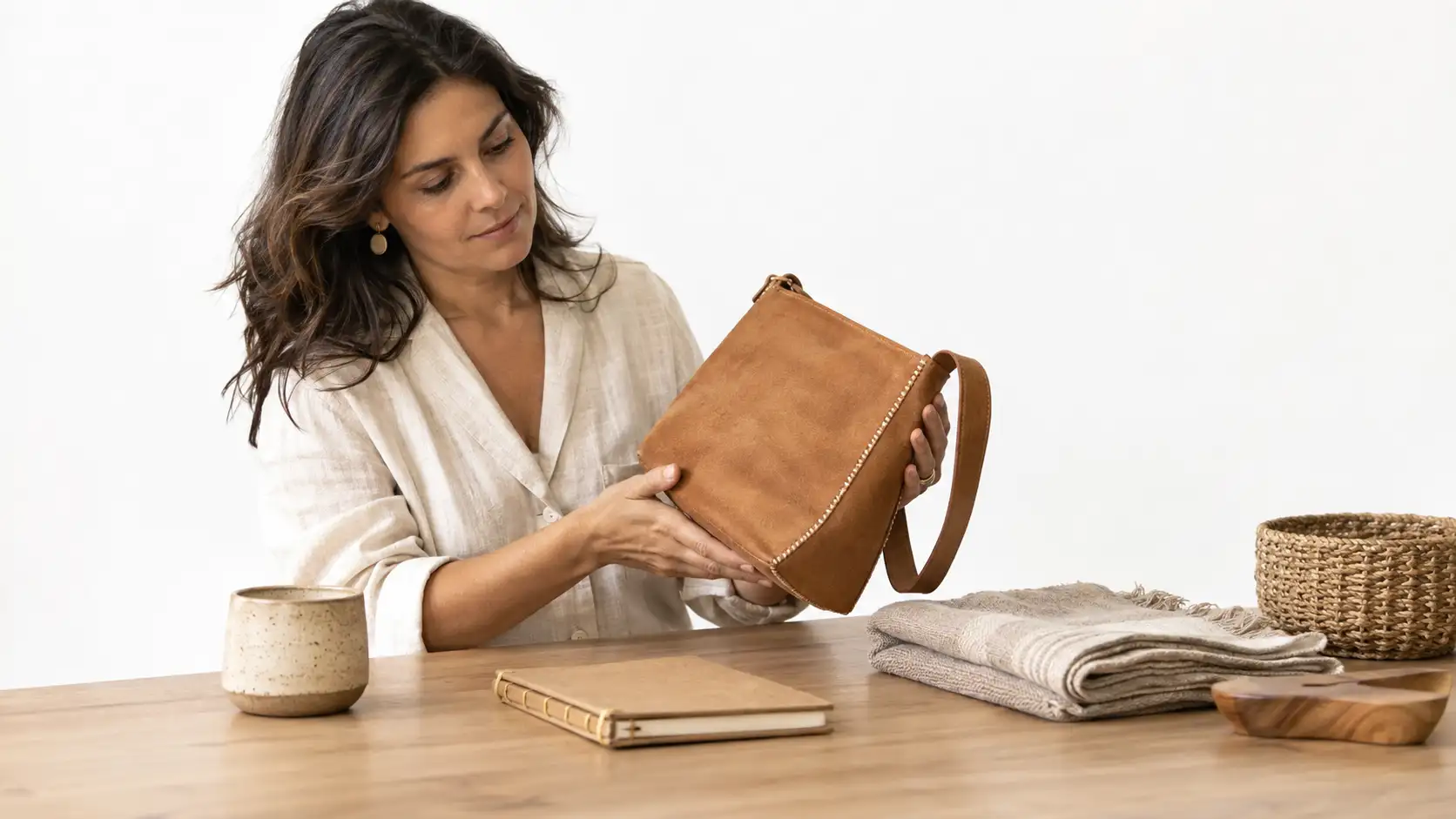 Mulher escolhendo produtos artesanais de marcas locais e éticas em ambiente minimalista
