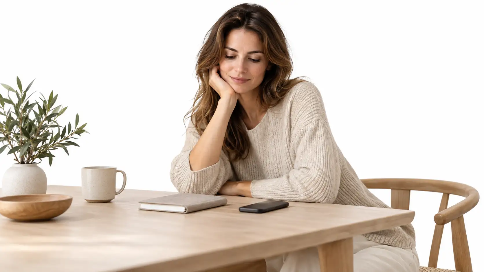 Mulher em ambiente minimalista lidando com expectativas externas e pressões