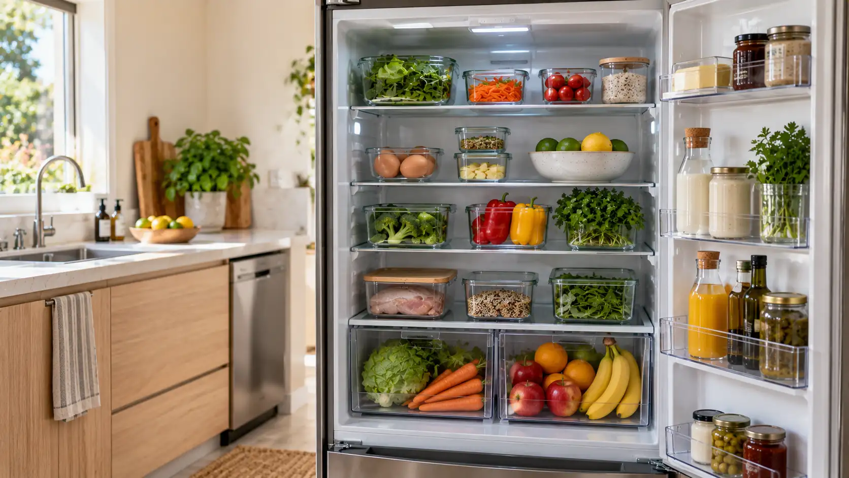 Geladeira organizada de forma visual e clara com alimentos e recipientes bem distribuídos