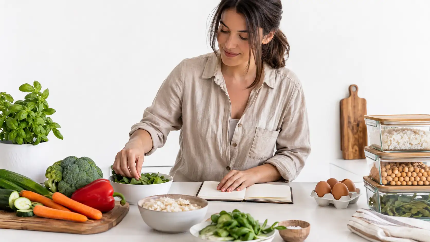 Planejamento de cardápio semanal simplificado com alimentos frescos em cozinha minimalista