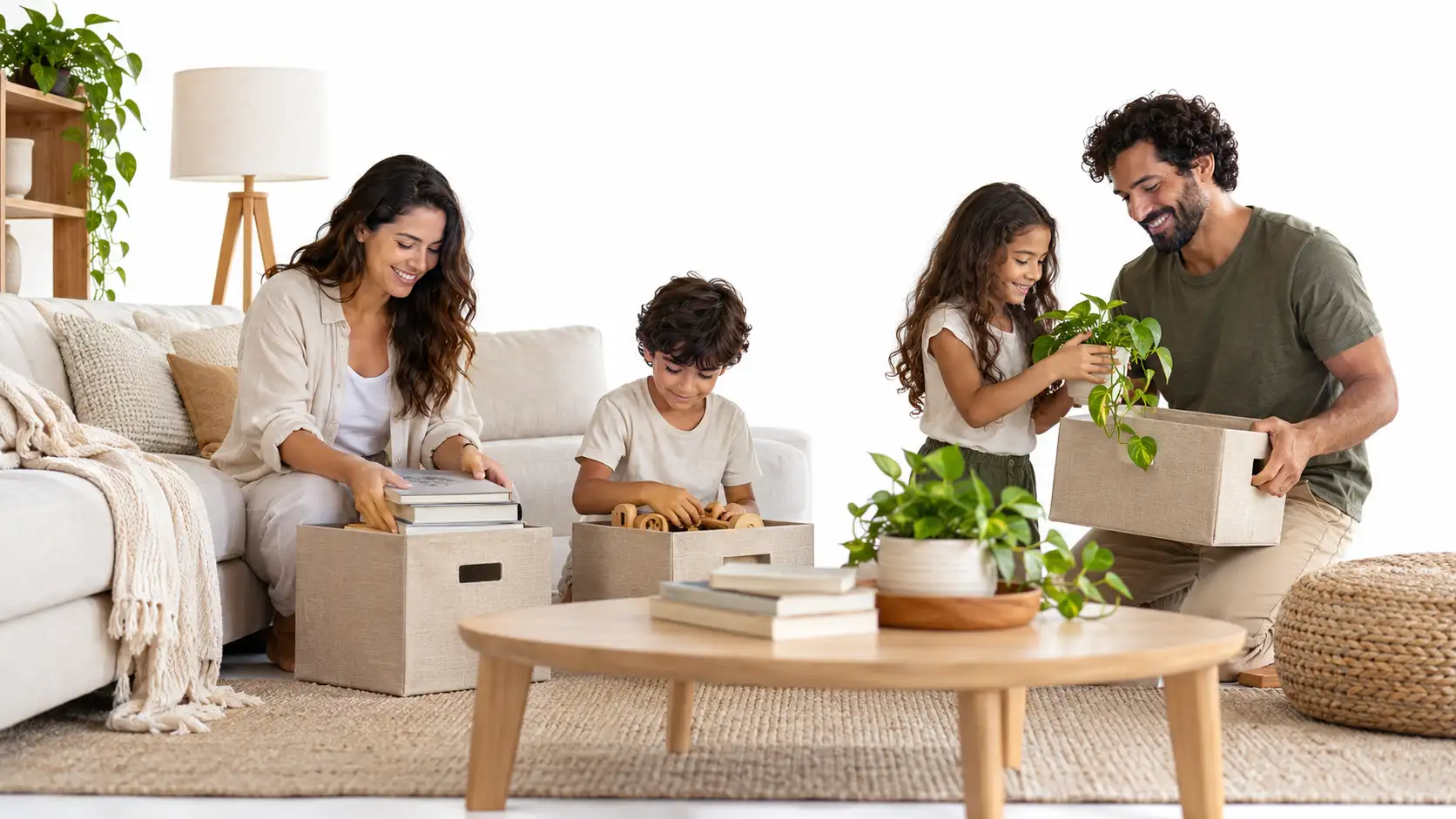 Família praticando minimalismo em casa de forma organizada e harmoniosa