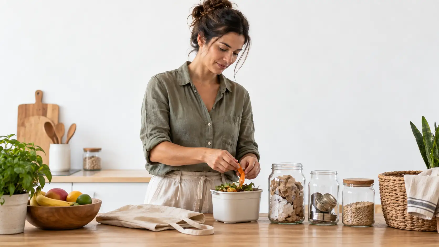 Mulher organizando resíduos domésticos para reduzir o lixo em uma cozinha minimalista e sustentável.