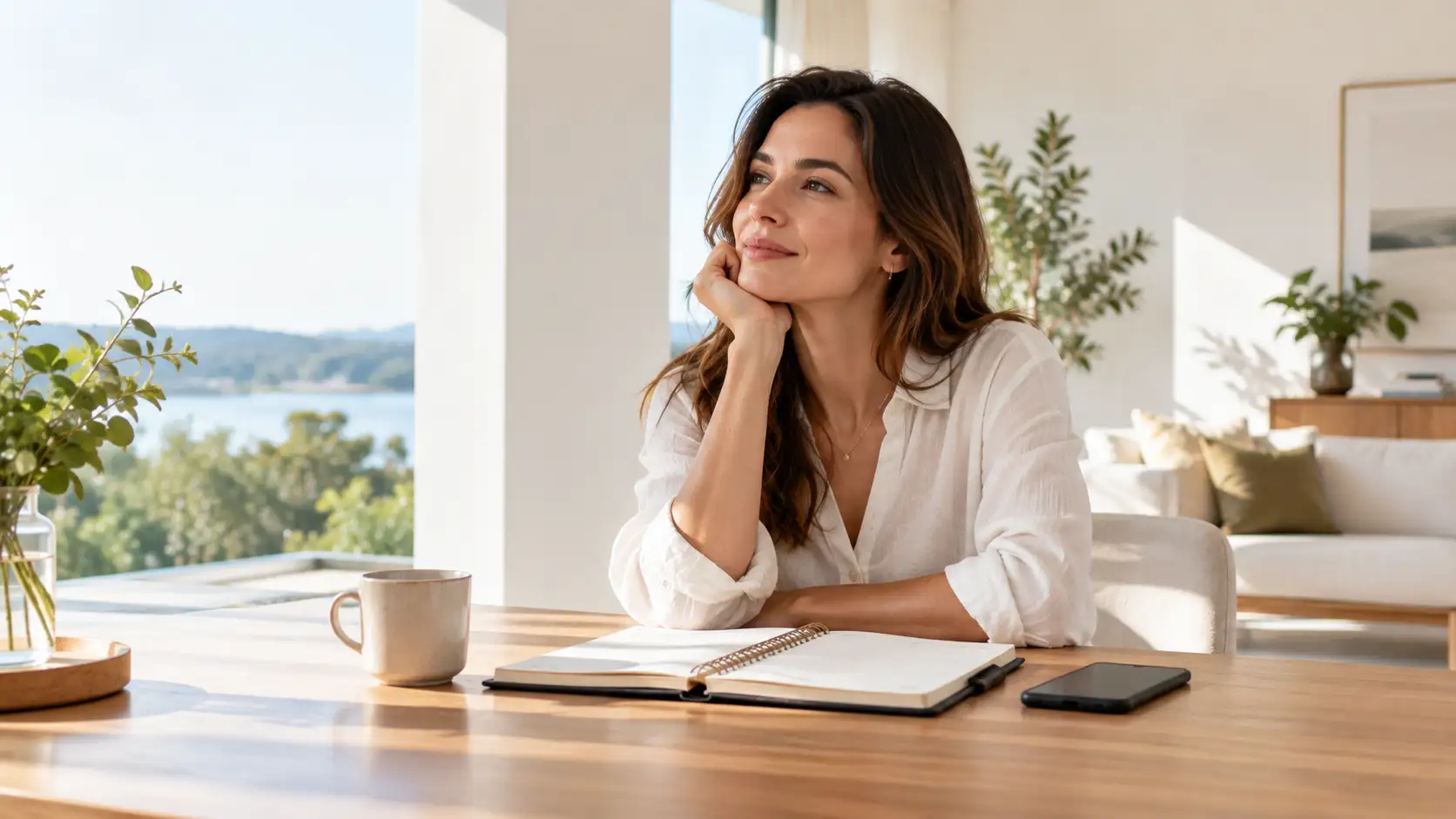 Mulher em ambiente minimalista criando espaço emocional para o que realmente importa