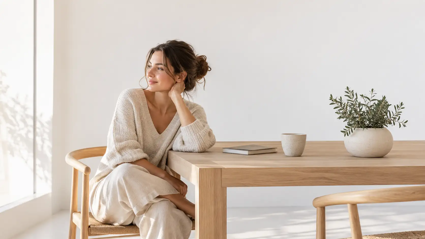 Mulher em ambiente minimalista encontrando paz interior através da simplicidade contínua