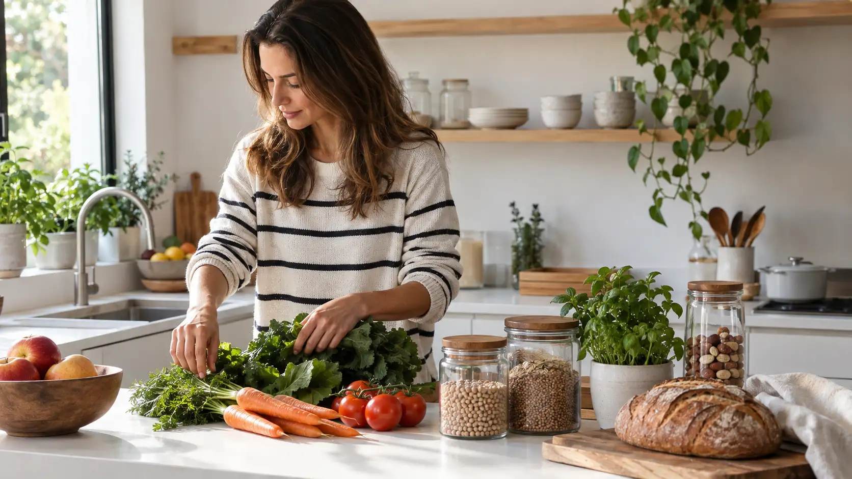 Mulher organizando alimentos frescos em cozinha minimalista para evitar o desperdício de alimentos.