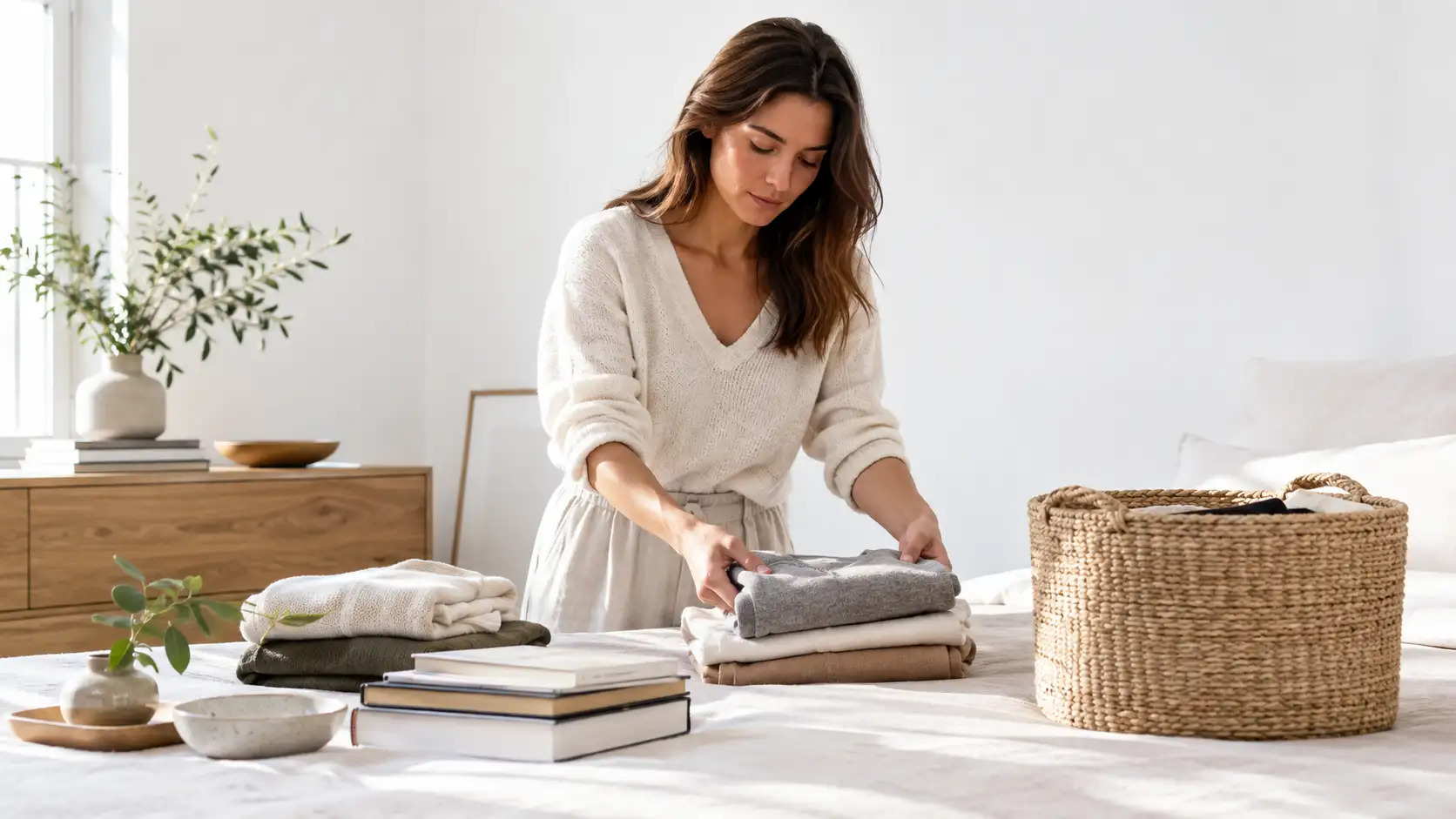 Mulher organizando objetos em ambiente minimalista durante processo de desapego emocional e material