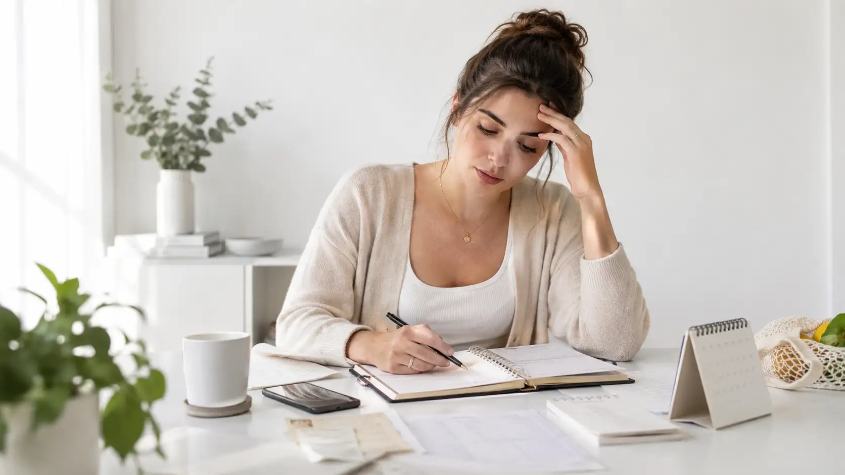 Mulher em ambiente minimalista organizando agenda e tarefas, representando a carga mental invisível na rotina.