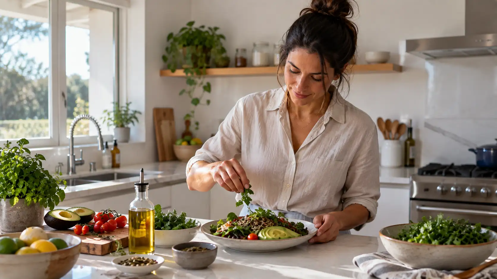 Mulher preparando uma refeição leve e equilibrada em cozinha minimalista