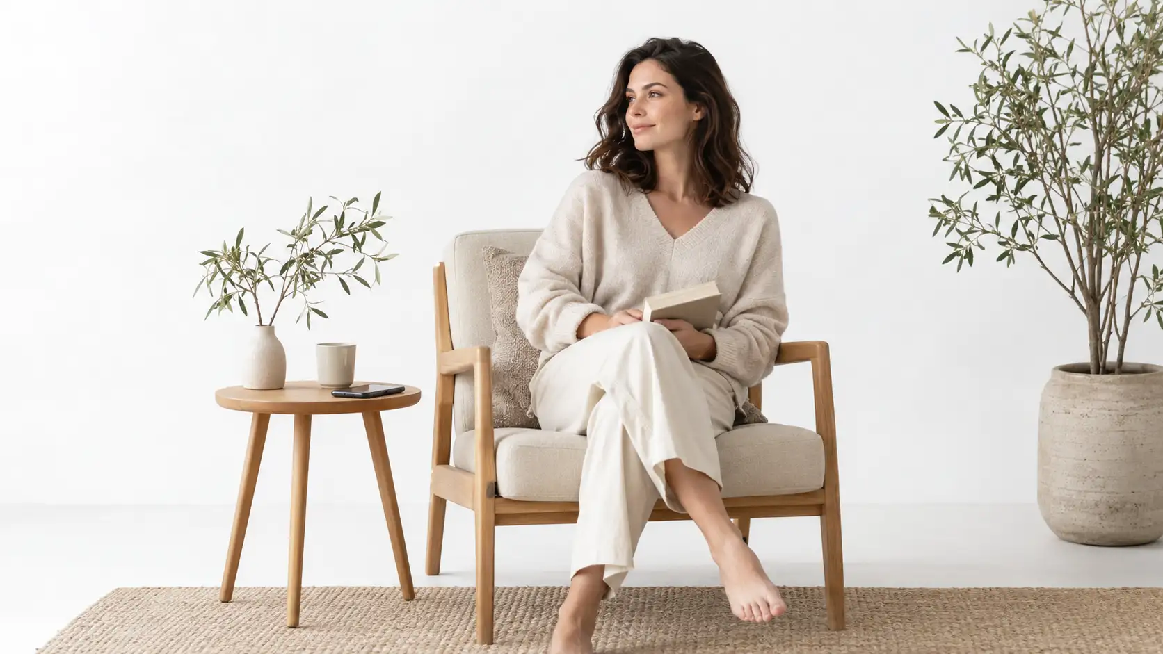 Mulher em ambiente minimalista aproveitando um momento de silêncio e tranquilidade na rotina
