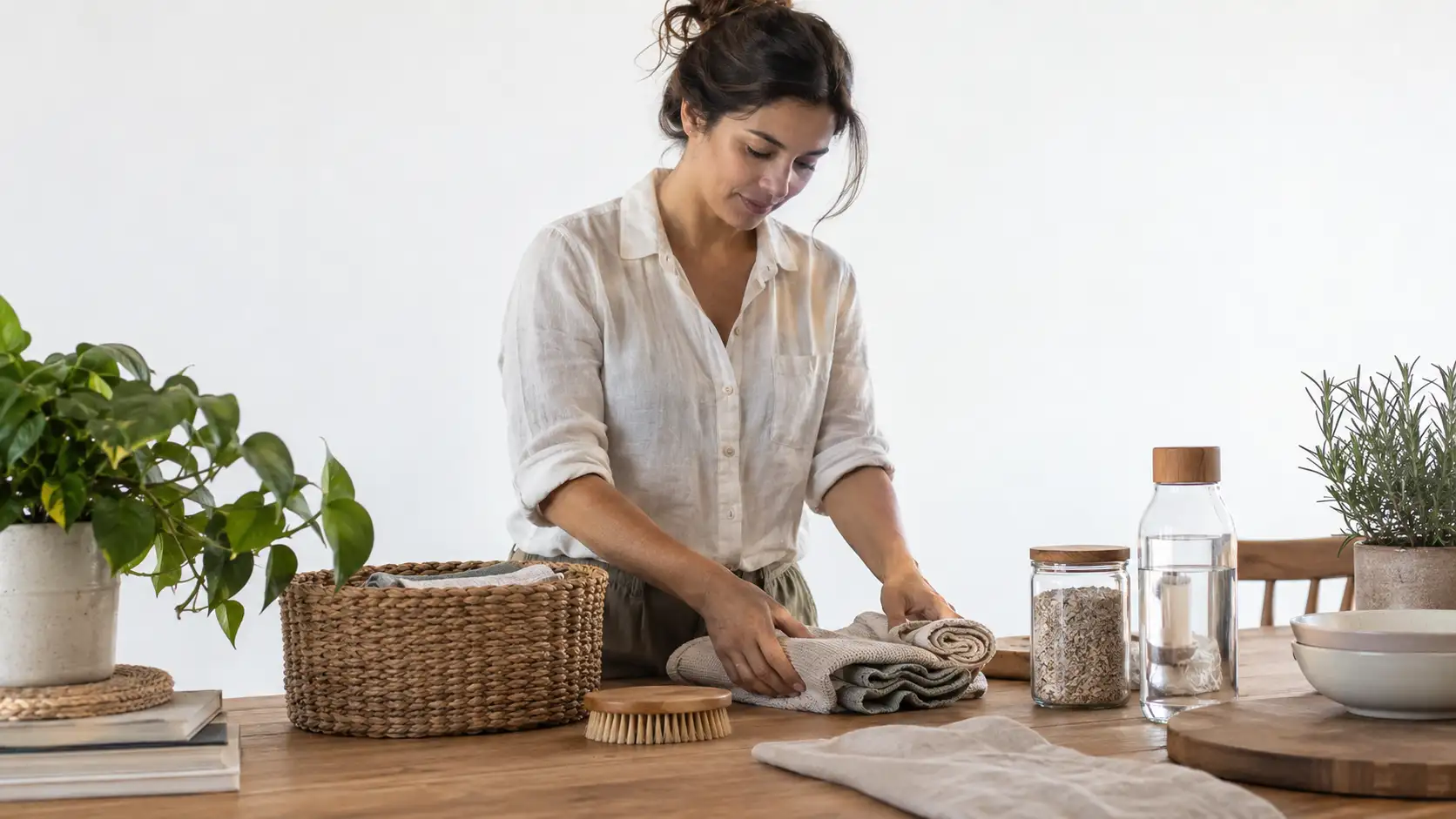 Interseção entre minimalismo e sustentabilidade em ambiente clean e consciente