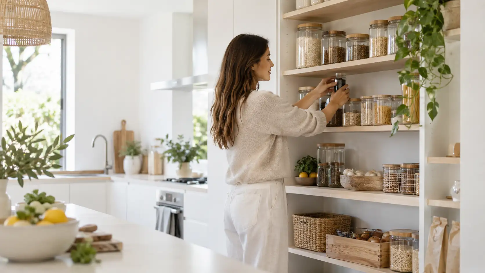 Despensa minimalista e funcional organizada com potes, grãos e alimentos em cozinha clara