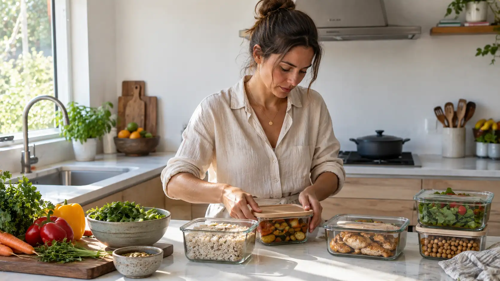 Mulher organizando refeições preparadas em lote com legumes, arroz, folhas e proteínas em cozinha minimalista.