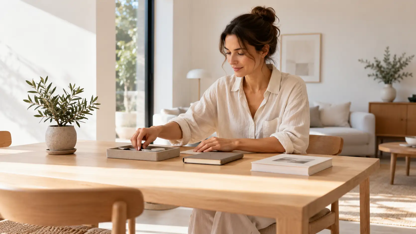 Mulher organizando objetos essenciais em ambiente minimalista com decoração clara e funcional