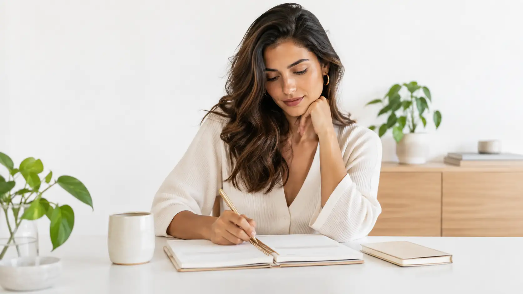 Mulher revisando prioridades e planejando o ano em ambiente minimalista e organizado