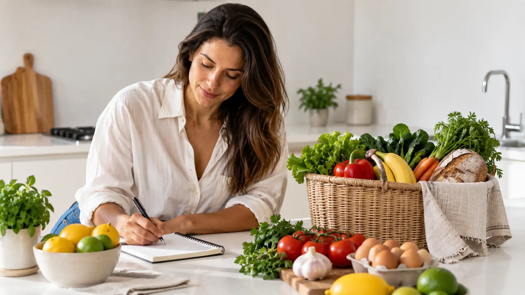 Mulher organizando uma lista de compras de supermercado com alimentos essenciais em uma cozinha minimalista