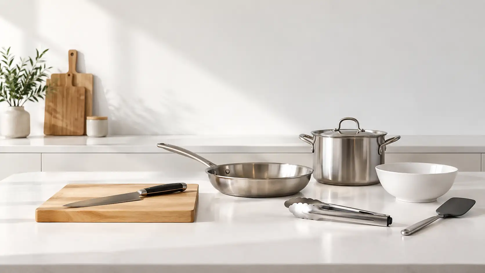 Utensílios essenciais organizados em uma cozinha minimalista e eficiente