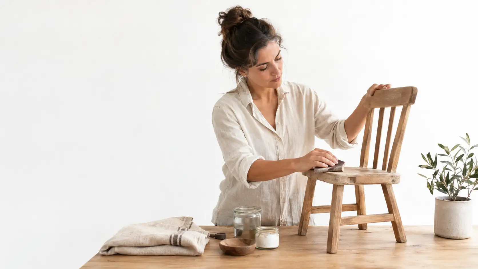 Mulher reaproveitando objetos e móveis em projeto de upcycling sustentável