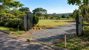 Entrada de terreno residencial com estrada pavimentada estreita, portão metálico aberto, caminho de cascalho e estacas de demarcação para Tiny House.