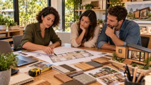 Arquiteta brasileira analisando planta de Tiny House com um casal, amostras de madeira e trena sobre a mesa de planejamento.