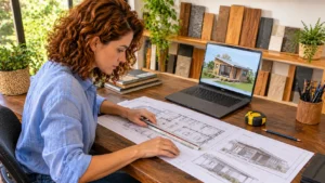 Arquiteta analisando plantas arquitetônicas de uma Tiny House sobre mesa de madeira, com régua de escala, trena e notebook exibindo modelo 3D.