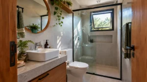 Banheiro compacto de Tiny House com janela basculante aberta, grelha de exaustão, bancada de pedra natural, lavatório branco e box de vidro.