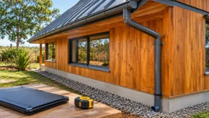 Detalhe de casa de madeira compacta com beiral metálico, calha, condutor pluvial, pingadeira na janela e fundação elevada com faixa de drenagem em cascalho.