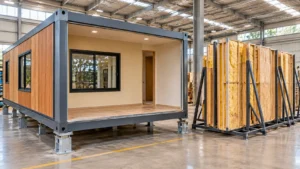 Interior de fábrica de casas pré-fabricadas com módulo residencial volumétrico de estrutura metálica e painéis de madeira com isolamento aparente.