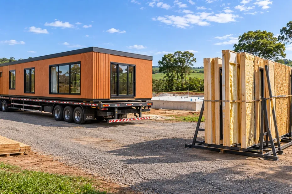 Módulo residencial volumétrico sobre carreta de transporte ao lado de painéis pré-fabricados de madeira, mostrando diferenças entre os sistemas construtivos.