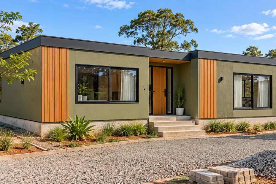 Casa modular contemporânea com dois módulos pré-fabricados conectados, fachada verde-oliva, detalhes em madeira clara e fundação de concreto.