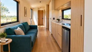 Interior de tiny house estreita com sofá azul-petróleo, cozinha linear em uma lateral e passagem livre até o dormitório ao fundo.