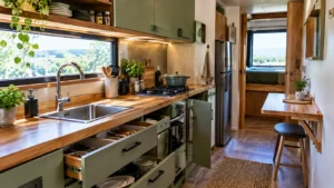 Cozinha compacta de Tiny House com armários verde-sálvia, bancada de madeira, gavetas organizadas, pia de inox e mesa retrátil.