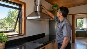 Técnico verificando o duto de exaustão de uma coifa de aço inoxidável em cozinha compacta de Tiny House, com cooktop elétrico e janela aberta.