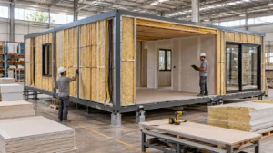 Interior de fábrica brasileira de casas modulares com módulo volumétrico em estrutura metálica, isolamento interno aparente e dois técnicos realizando inspeção.