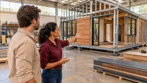 Engenheira apresentando a estrutura metálica parcialmente montada de uma Tiny House a um cliente durante visita técnica a uma fábrica brasileira.