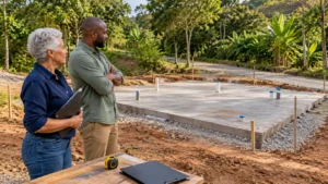 Engenheira e proprietário observando fundação de concreto pronta para Tiny House em terreno residencial preparado, com estacas de referência e vegetação ao fundo.
