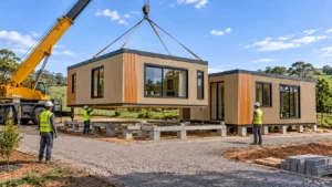 Guindaste posicionando módulo pré-fabricado de casa modular sobre fundação de concreto em terreno residencial preparado, com trabalhadores ao redor em área segura.