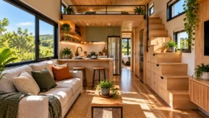 Interior de Tiny House com sala integrada à cozinha, móveis planejados em madeira clara, armários suspensos e escada com gavetas embutidas.
