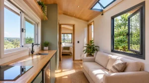 Interior de tiny house com janela de correr, janela de abrir e abertura superior operável, mostrando soluções de ventilação e iluminação natural.