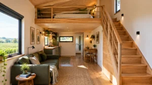 Interior de tiny house com mezanino para descanso, escada fixa de madeira com corrimão, guarda-corpo e sala compacta com sofá verde-oliva.