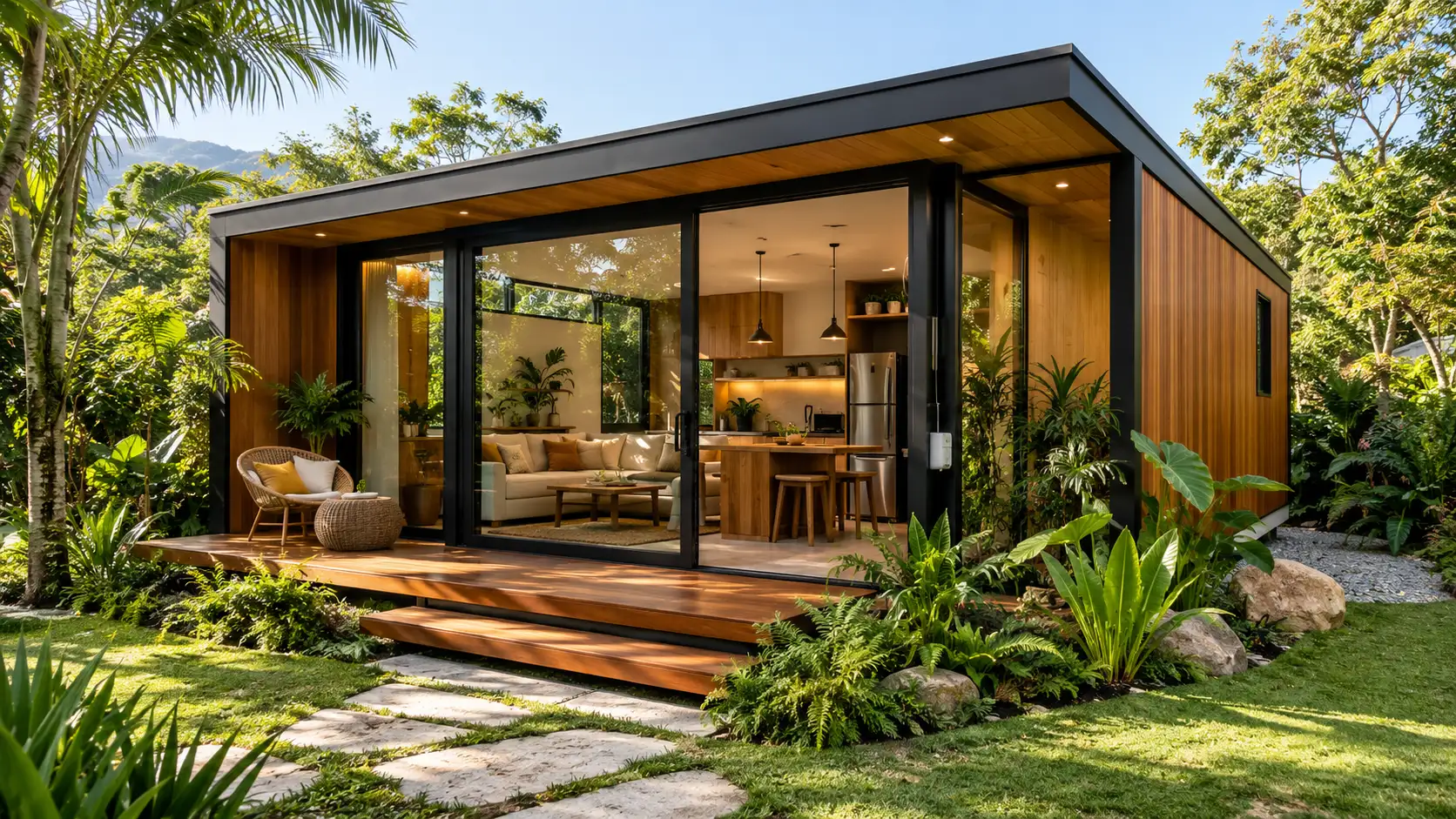 Tiny House moderna com estrutura compacta, ambientes integrados, móveis funcionais e aproveitamento inteligente dos espaços.