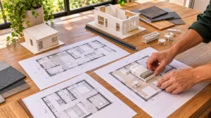 Mesa de planejamento com estudos de planta baixa de Tiny Houses, modelos volumétricos, régua de escala e recortes de móveis em escritório contemporâneo.