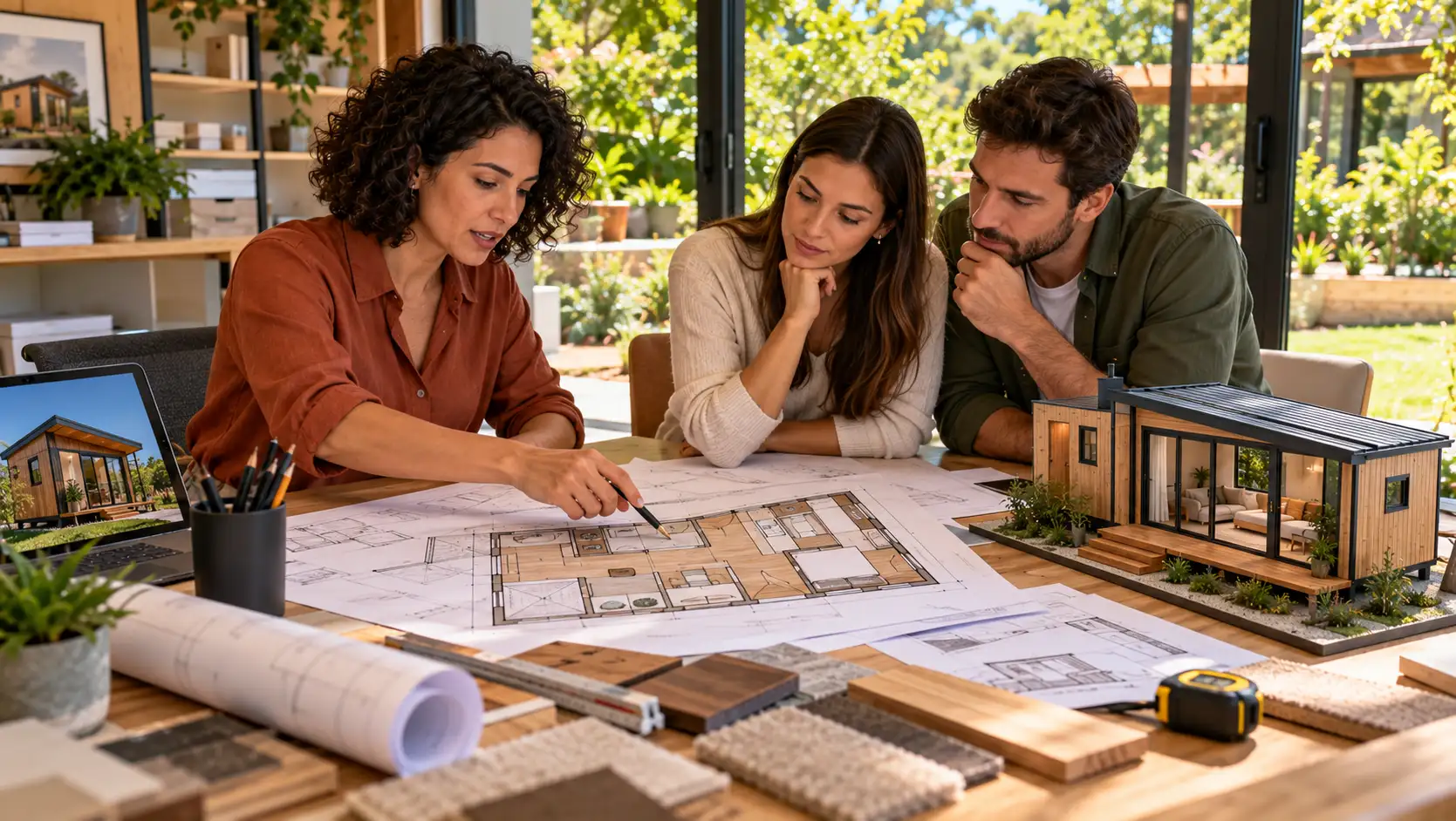 Arquiteta e casal analisando planta arquitetônica e maquete de Tiny House para planejar os ambientes e definir necessidades da moradia.