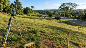Terreno residencial com declividade suave, equipamento topográfico em tripé, estacas de demarcação e área livre para futura Tiny House.