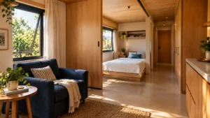 Interior de Tiny House com área de descanso separada por painel deslizante de madeira, poltrona azul-marinho, cama baixa e corredor para o banheiro.