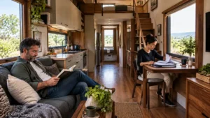 Casal no interior de uma Tiny House, com homem lendo no sofá e mulher organizando documentos em mesa de trabalho junto à janela.