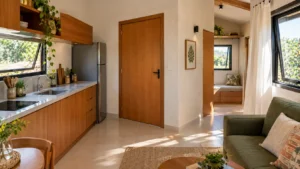 Interior de Tiny House com cozinha compacta em madeira freijó, bancada de quartzo cinza-claro e porta fechada de acesso ao banheiro.