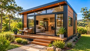 Tiny House fixa construída em madeira e metal, com telhado inclinado, janelas amplas, porta de vidro e deck externo em terreno residencial.