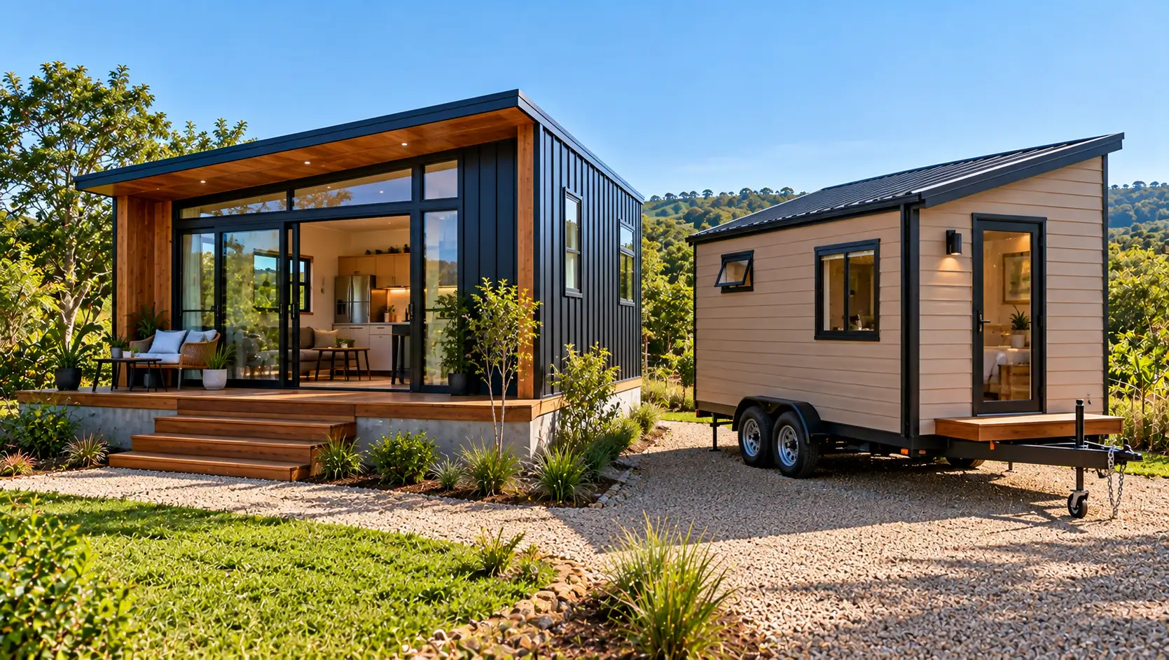 Comparação entre Tiny House fixa sobre fundação de concreto e Tiny House transportável construída sobre chassi metálico com rodas.