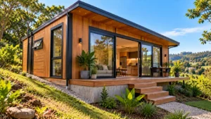Tiny House fixa em terreno levemente inclinado, com revestimento de madeira clara, detalhes metálicos, telhado inclinado e base permanente.
